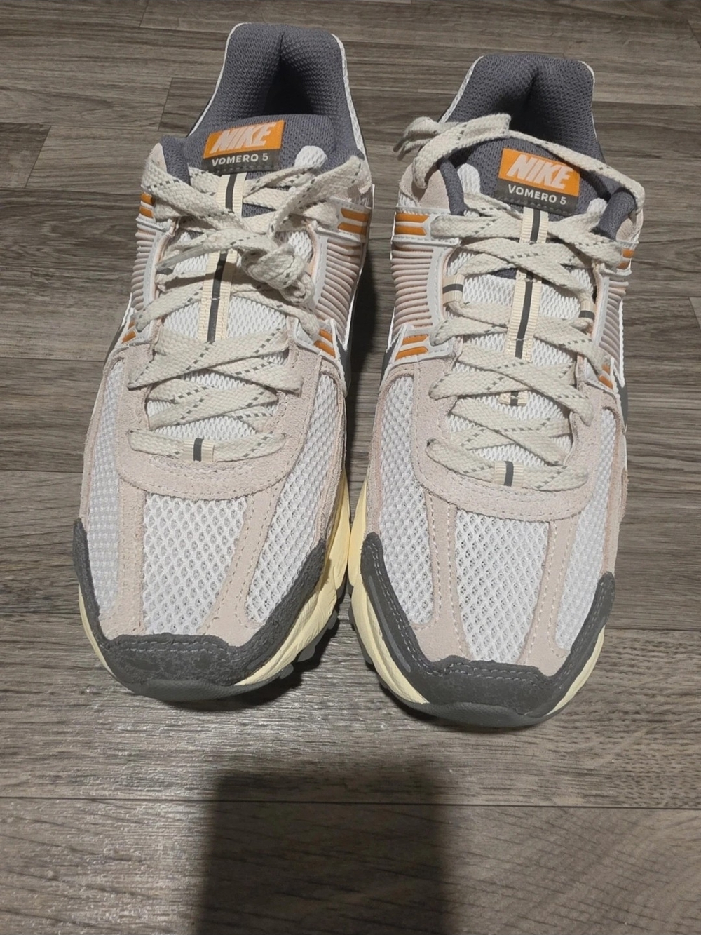 Nike Men’s Vomero 5 Sneakers — White, Cream & Gray with Orange Accents